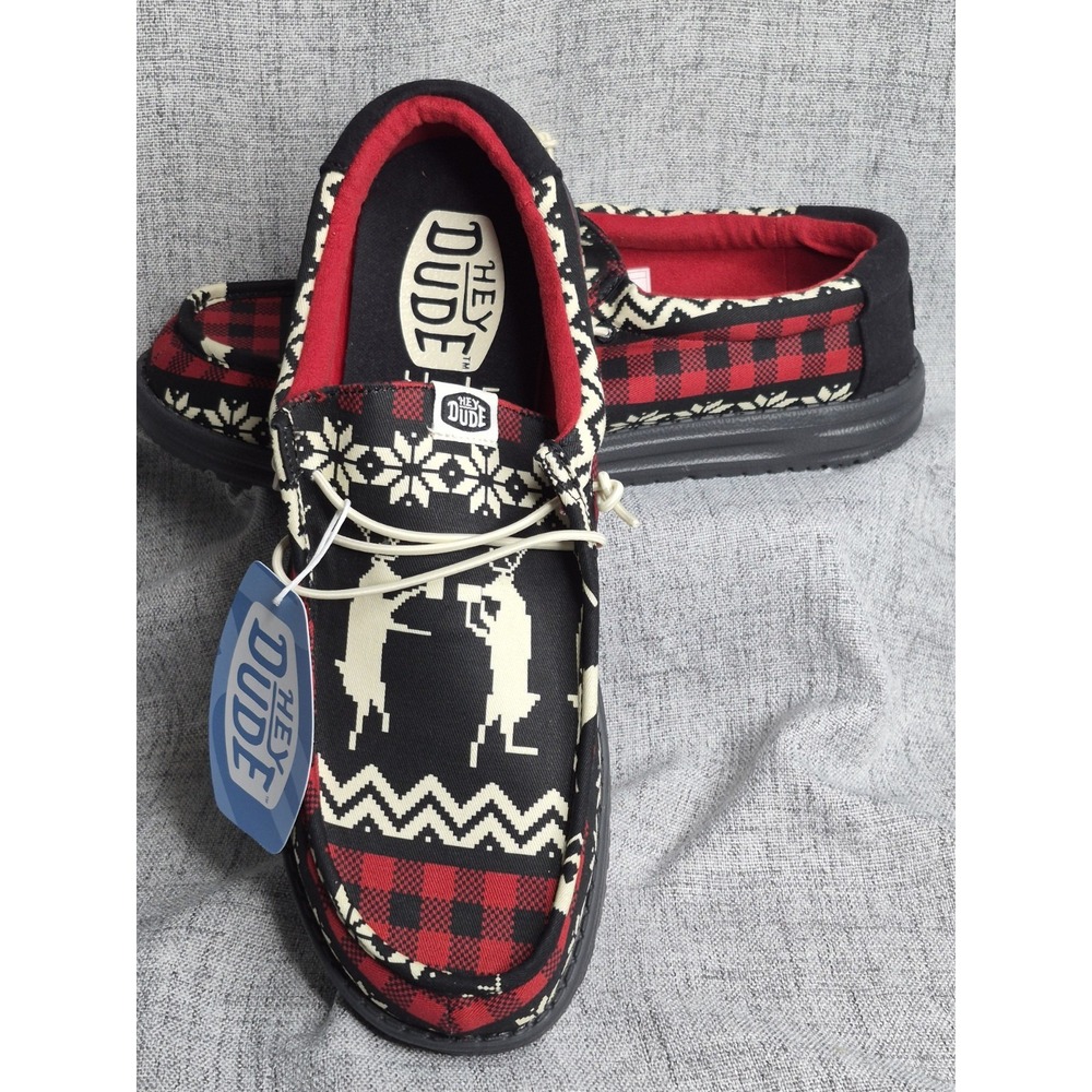 Hey Dude Mens 13 Wally Holiday Cheer Slip On Shoes Boxing Reindeer Black Red